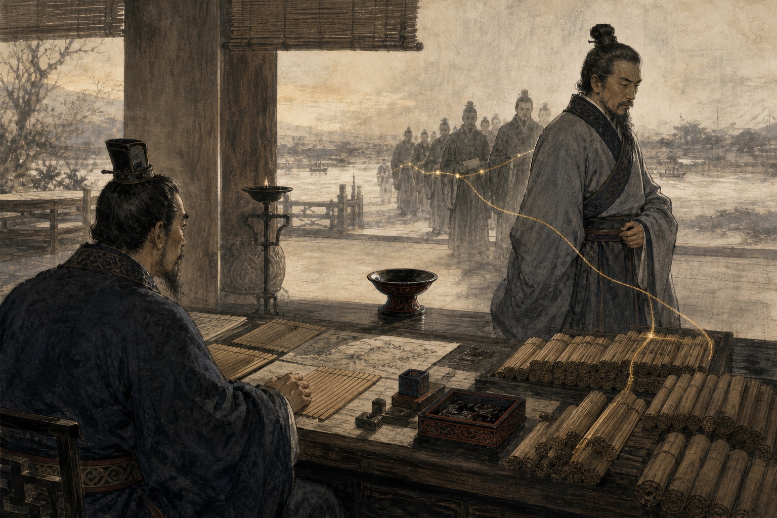 曹操与荀彧之间连接着人才网络的金色线条
